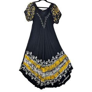 Advance Apparels Embroidered White/Gold Tie Dye Black Maxi Dress Free Size Boho